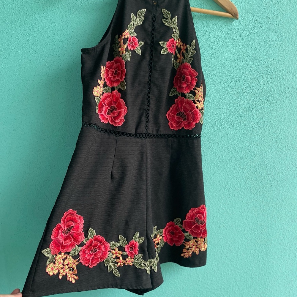 Floral Embroidered Black Romper